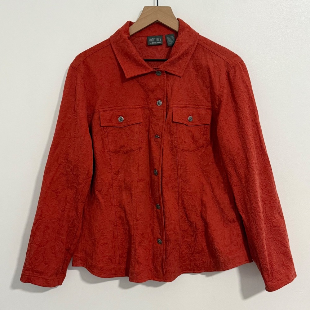 Chicos Additions Jacket Womens 2 Coral Red Floral Jacquard Button Front Artsy
